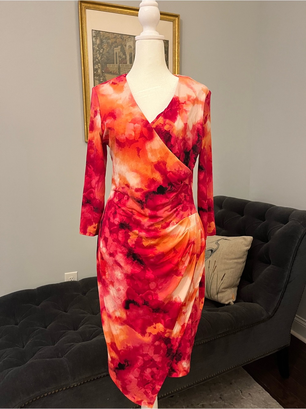 Calvin Klein Red-Pink Orange Watercolor Rushed Wrap Midi Dress